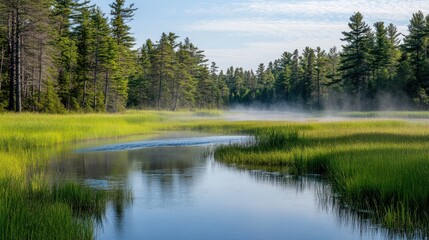Obraz premium Morning mist over tranquil river, boreal forest backdrop, nature scene, serene landscape