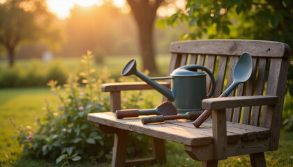 Garden tools arranged on wooden bench at golden hour, peaceful gardening