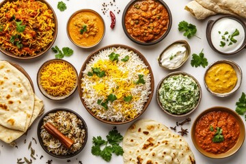 Indian food feast, overhead, white background, restaurant menu