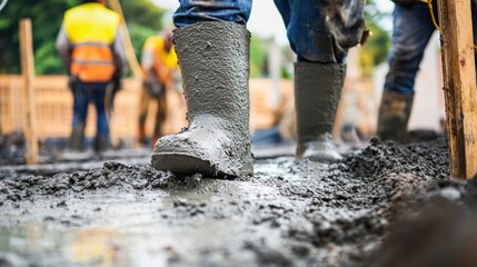 Construction Workers Walking on Wet Concrete