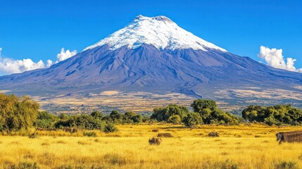 Fototapeta premium Majestic snow-capped Andes volcano, Ecuadorian landscape, grazing livestock, sunny day, travel poster