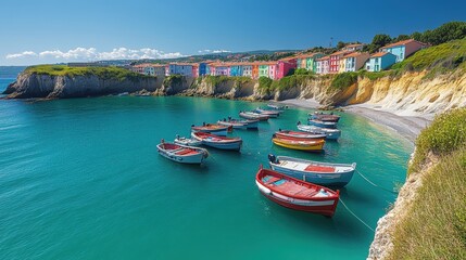 Colorful fishing boats anchored in a serene coastal village with vibrant houses