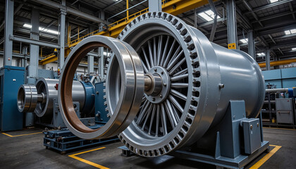 Fototapeta premium Shiny industrial hydroelectric turbine components in production facility, energy innovation