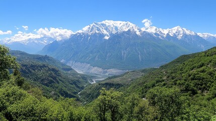 Fototapeta premium Mountain valley landscape, snow-capped peak, lush greenery, sunny day, travel brochure