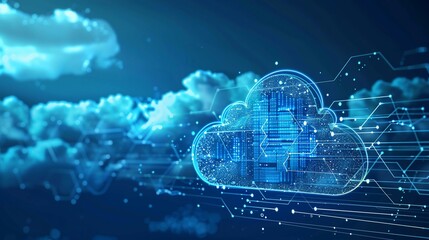 Digital cloud computing data network, sky background