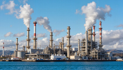 Industrial oil refinery emitting steam against blue sky, energy production