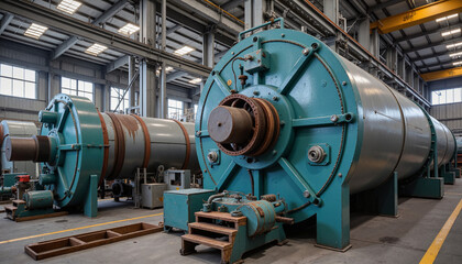 Industrial rotary kilns in cement factory interior, production efficiency