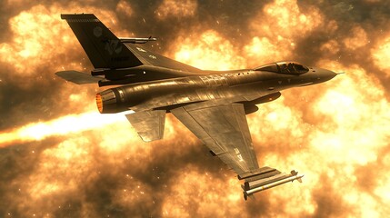 Fighter jet in intense aerial combat, engulfed in flames and explosions.