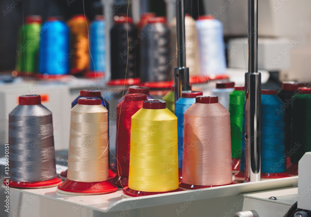 Aufkleber a row of colorful spools of thread are displayed on a table. the spools are arranged in a way that t