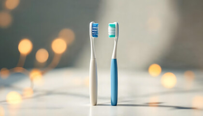Toothbrushes, minimalist, clean, hygienic, soft focus, bokeh background, warm lighting
