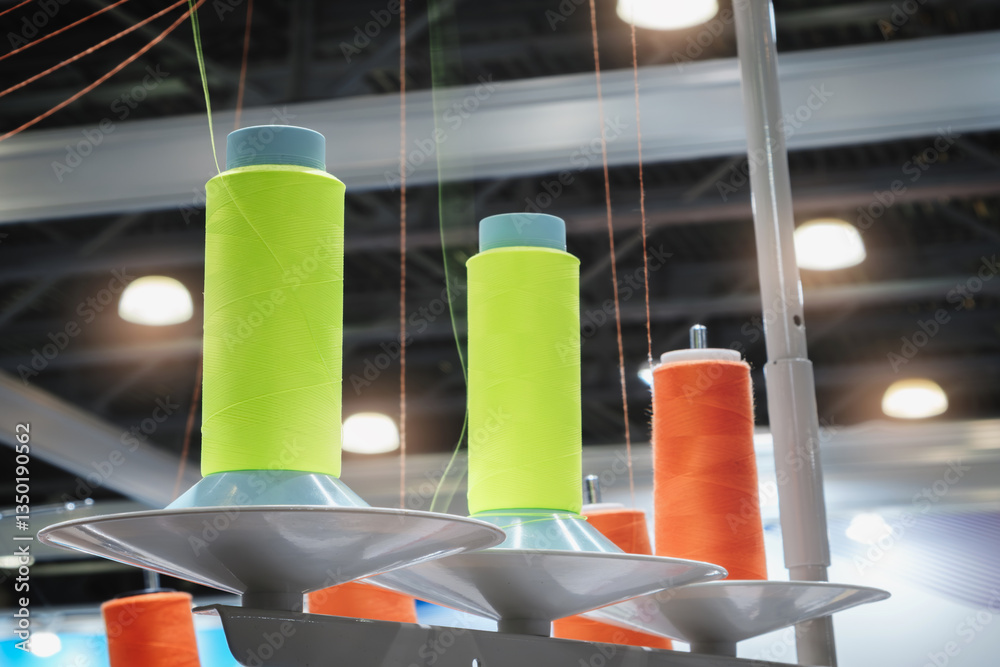 Fototapete A row of green and orange spools of thread are hanging from a ceiling. The spools are arranged in a way that they are all facing the same direction. The scene gives off a sense of order