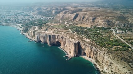 Coastal Cave Aerial View Turquoise Sea, Cliffside Town, Desert Background, Travel Brochure