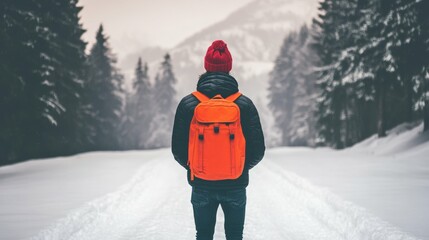 Winter adventure: bearded man in red hat and backpack walking in snowy forest landscape