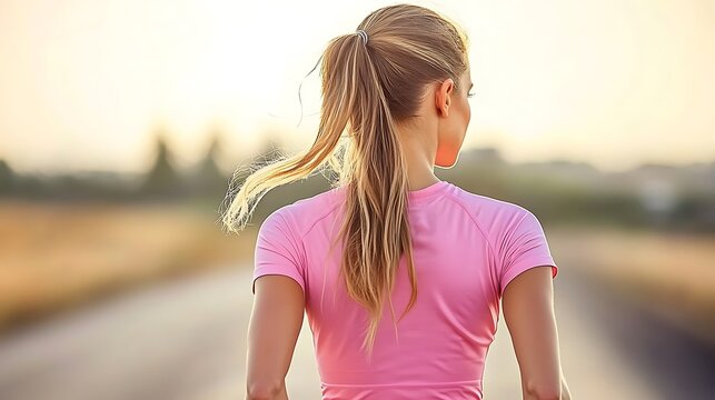 Woman runner in pink shirt at sunset.