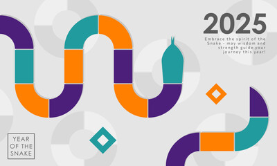 Minimalist 2025 Year of the Snake abstract banner design. Modern greeting card with geometric snake in purple, teal, orange on a white background with diamond accents and circular motifs pattern