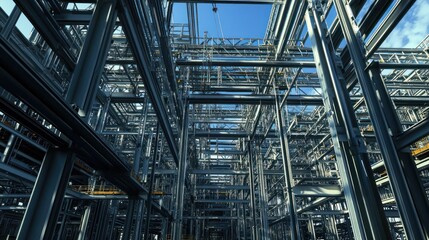 Steel structure warehouse interior, sunlight through framework. Potential use Industrial backdrop