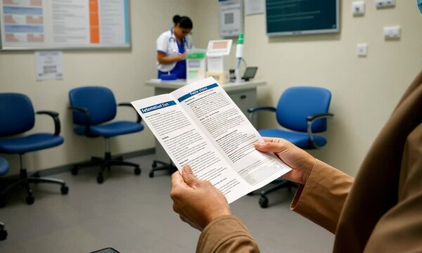 Person reading pamphlet in waiting room, health-related information
