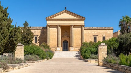 Sunny Sicilian Cemetery Chapel,  landscaped pathway, clear sky, travel brochure