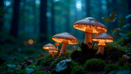Fototapeta premium Glowing mushrooms illuminate the forest floor at twilight