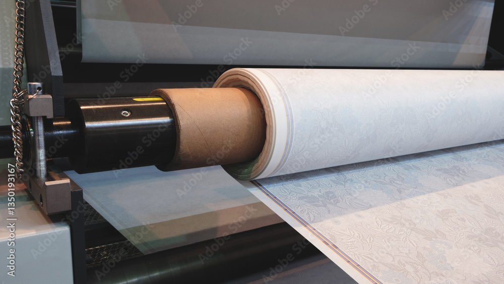 Aufkleber a roll of paper is being fed through a industrial printer machine. the roll is white and the machine