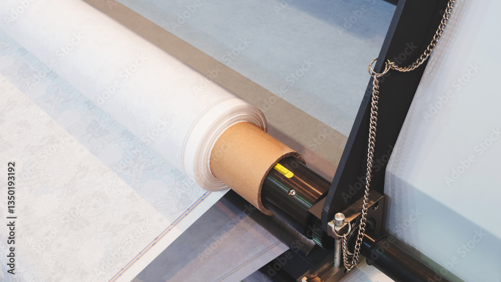 Poster a roll of paper is being fed through a industrial printer machine. the roll is white and the machine