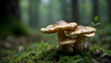 Fototapeta premium Mushrooms growing in a lush forest environment with green moss