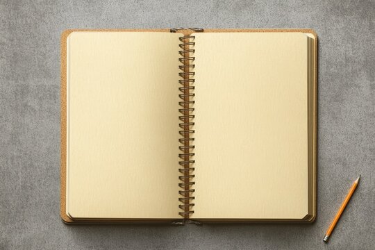 Open spiral notebook with blank pages and pencil