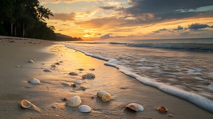 Golden sunset over a tropical beach with shells