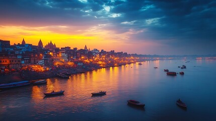 Naklejka premium Golden sunset over the Ganges River
