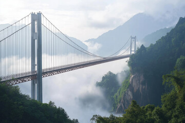 Obraz premium Impressive Large Suspension Bridge Spanning Deep Valley, Showcasing Architectural Brilliance and Engineering Marvel Amidst Nature