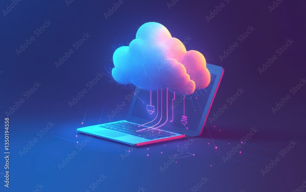 Poster blue background with digital clouds connected to a laptop, symbolizing cloud computing technology fo