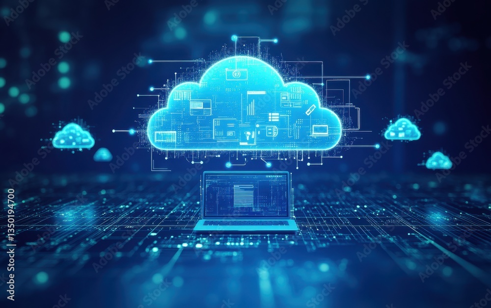 Poster a blue background with cloud icons connected to each other, symbolizing the interconnectedness of cl