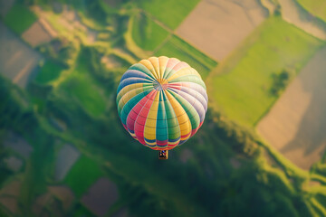 A vibrant hot air balloon floats serenely over a countryside landscape, bringing a sense of peace