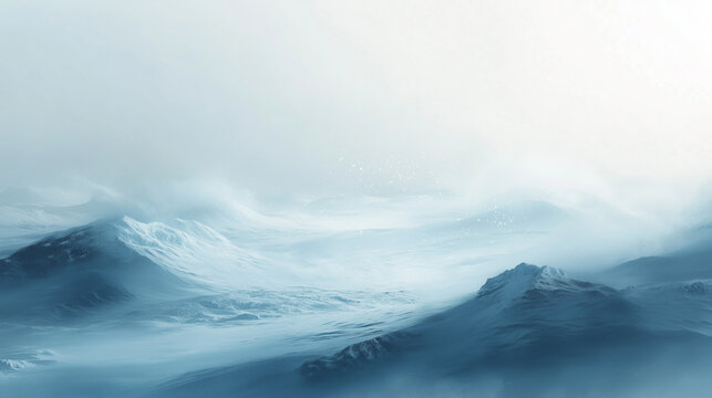 A strong wind blowing snow across a frozen tundra, creating a dramatic winter landscape