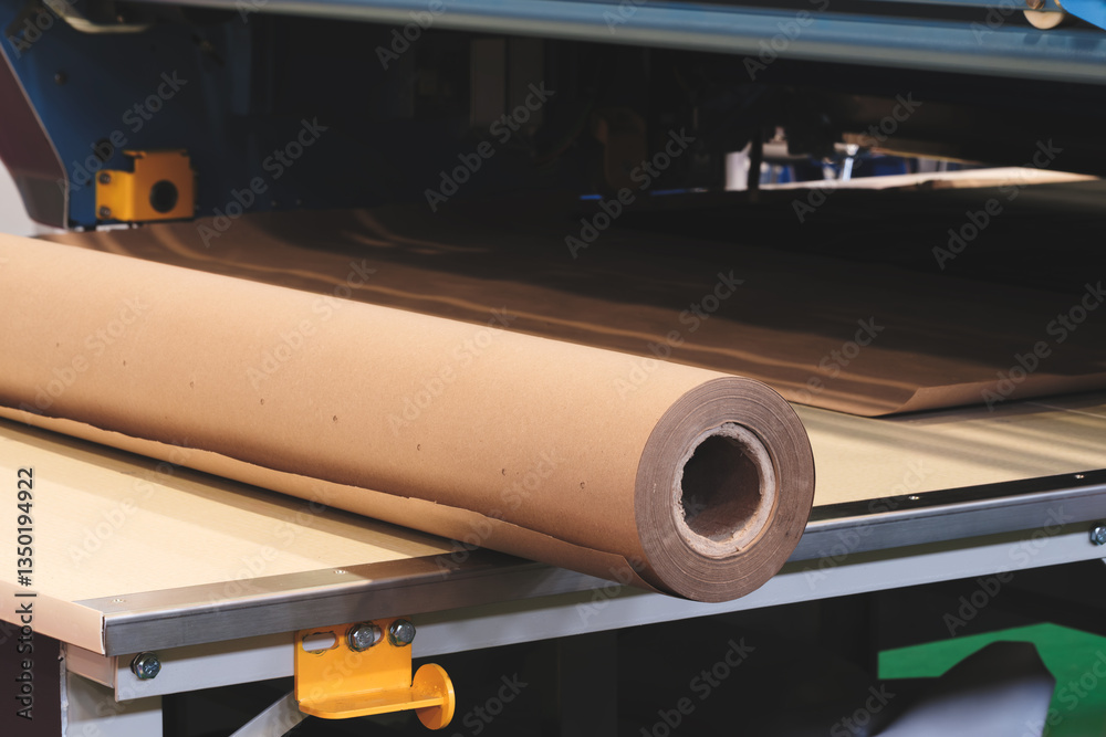 Aufkleber a roll of brown paper is being fed into a machine. the roll of paper is being cut into smaller piece