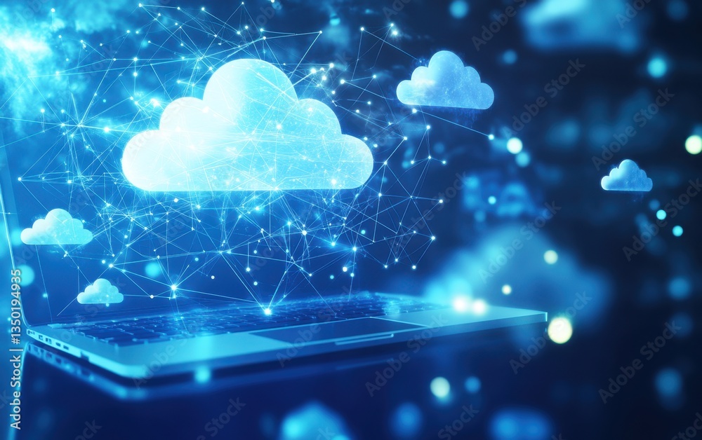 Poster a blue background with cloud icons connected to each other and a laptop, symbolizing the connection 