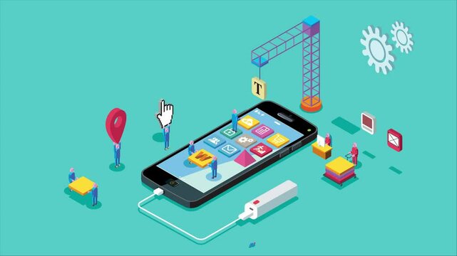 Mobile App Development and design process concept. Teamwork of developers and designers involved in the creation of software or web. 2D animation