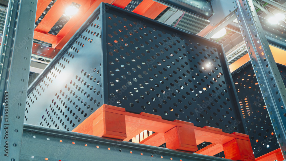 Poster a warehouse with a lot of red and black boxes stacked on top of each other. the boxes are made of wo