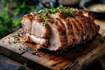 Sliced roasted pork loin on rustic wooden board with herbs