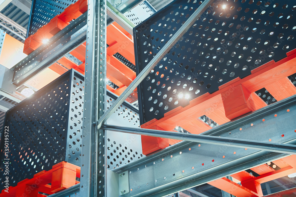 Poster a warehouse with a lot of red and black boxes stacked on top of each other. the boxes are made of wo