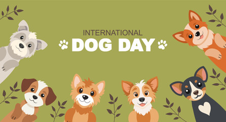 Obraz premium International dog day with cute puppies. Cute dogs on green background. 