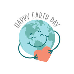 Happy earth day card with cute smiling earth holding heart and lettering. Poster. 