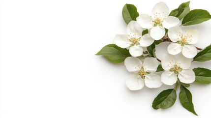 Obraz premium A cluster of white flowers with green leaves on a plain background, embodying beauty and simplicity.