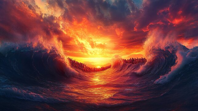 Moses parting the Red Sea at sunset