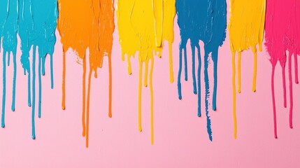 Fototapeta premium A vibrant display of colorful paint drips against a pink background, creating an artistic and playful effect.