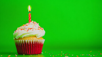 birthday cupcake with red paper, minimalistic small, green background