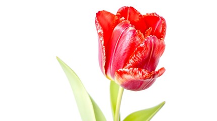 Striking red tulip with ruffled petals and green stem, isolated on a stark white background, suitable as a standalone spring element for impactful graphic design and web banners