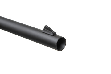 A black rifle barrel with a front sight, featuring a sleek metal design, isolated on a white background.