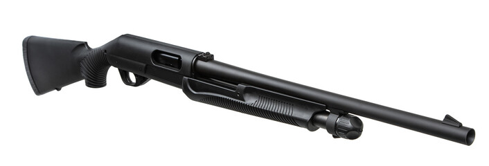 A pump-action shotgun with a black synthetic stock and fore-end, displayed on a white background.