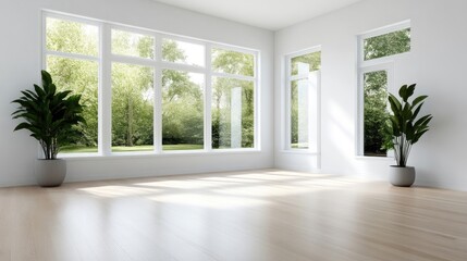 Bright, spacious room with large windows overlooking a lush garden
